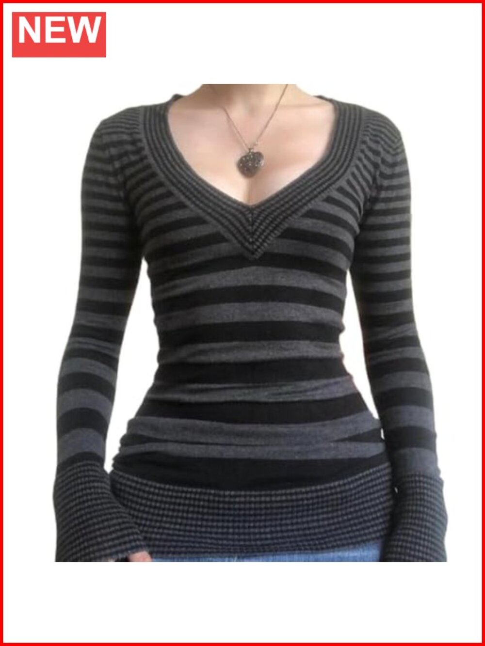 Striped Long Sleeve Slim Fit T-Shirt Square Collar Y2K Aesthetic Women's